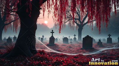 Standing in foggy red grass, tombstones sit beneath weeping red leaves at dusk