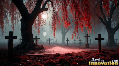 Crosses in a graveyard in the fog under trees with red leaves