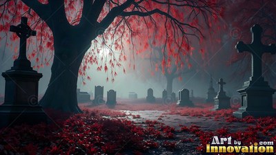 Bright red autumn leaves hang from a bare tree over stone crosses in a foggy graveyard