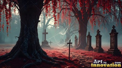 A graveyard rests under red weeping trees, lit by pale fog in the distance