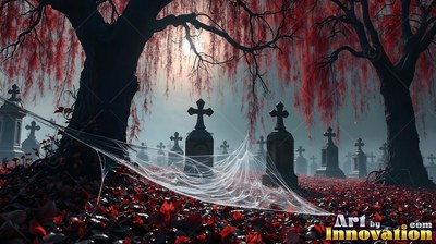 Seen from low ground in a graveyard in the mist with cross headstones and red leaves