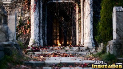 Fallen leaves cover stone steps leading into a dark mausoleum doorway