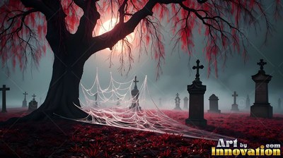 In a graveyard in the fog, a dark tree with red leaves stands over webbed tombstones