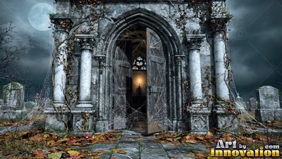 Standing slightly open, a stone crypt door is covered in web under moonlight