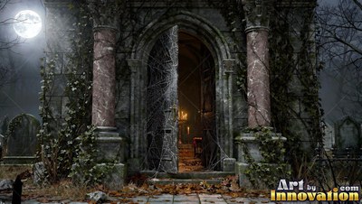 Thick cobwebs cover the open door of a stone mausoleum in a dark graveyard under a night moon
