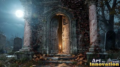 A stone tomb stands open with a single candle burning in warm yellow light