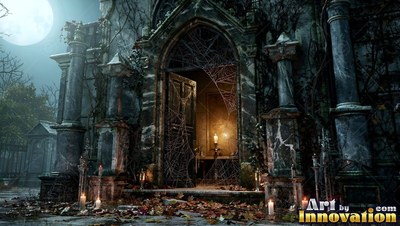Facing the entrance of a stone tomb covered in cobwebs under moonlight