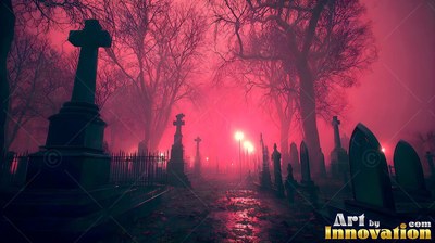 Tombstones and bare trees fill a dark cemetery lit by bright pink fog