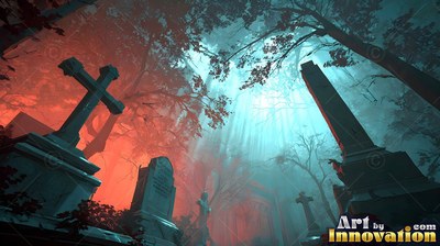 In a foggy cemetery, stone crosses stand under blue and orange sky