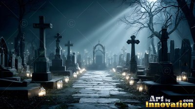 Leading through fog, a stone cemetery path is lined with small candle lanterns