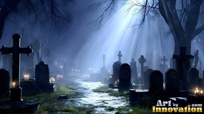 Tombstones in a blue graveyard under moonlight beams