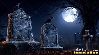 Thick cobwebs draped over old stone tombstones with perched crows under a moon