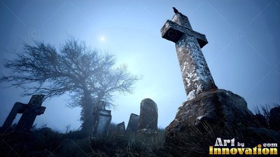 A stone cross rises in a misty cemetery under a pale blue moonlit sky