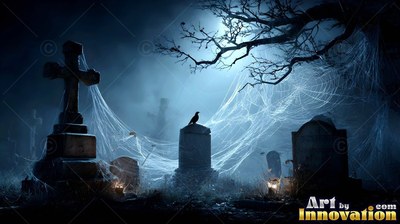 Perched on a tombstone in a graveyard in the mist, a black bird rests under pale spiderwebs