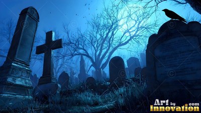 A black crow sits on a gravestone in a foggy blue cemetery at night