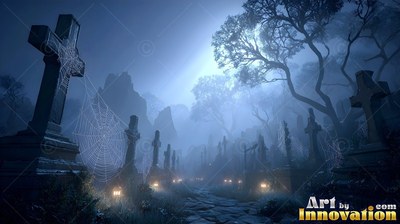 In a foggy cemetery at night, stone cross headstones stand along a stone path