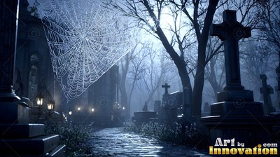 Stretching across dark stone tombs, a large spiderweb hangs in a blue cemetery path