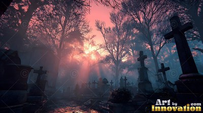Stone cross tombstones in a foggy cemetery under pink sky light