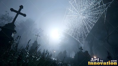 Thick strands of a dewy spiderweb hang over cross headstones in a foggy graveyard