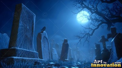 Old cobwebbed tombstones stand in a foggy cemetery under pale blue moonlight