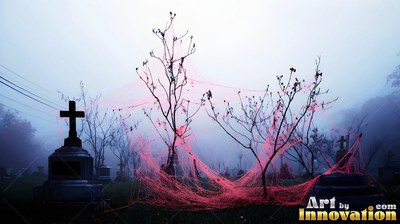 Pink spider webs stretch across bare trees and tombstones in foggy night air