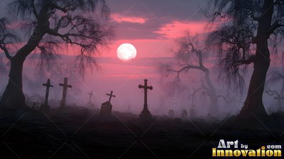 In a misty graveyard, dark cross headstones stand under a red full moon