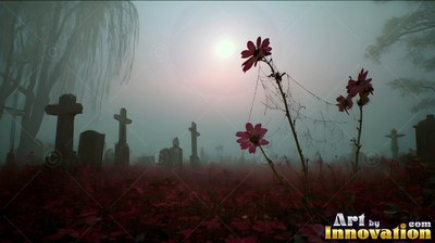 Rising above misty red grass, dark flowers stand before tombstones in moonlight