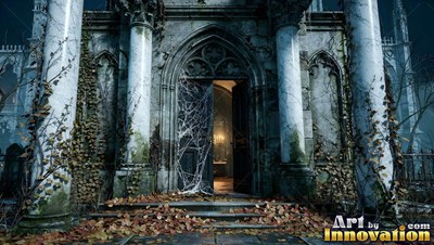 Open stone crypt doors covered in spiderwebs at night
