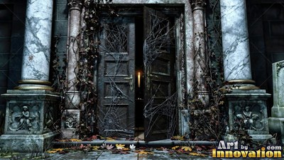 Thick gray cobwebs stretch over open wooden doors set between marble pillars at a crypt