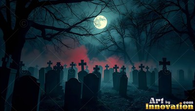 Tombstones stand in dark blue mist beneath a full moon with red smoke behind bare trees