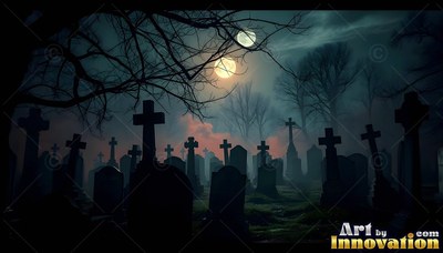 Tilted crosses stand in a dark cemetery under two moons