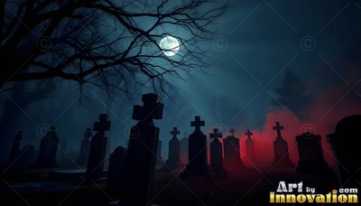Headstones sit under bare trees and a full moon in blue and red fog