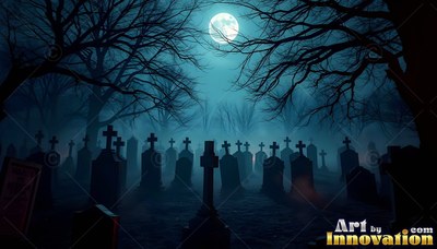 In a dark cemetery, dark stone crosses stand under bare trees and a round moon
