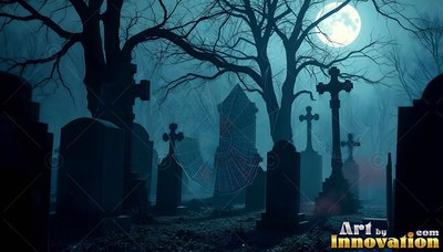 Standing in dark blue fog, stone crosses and headstones fill a cemetery under a night moon