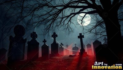 Tombstones in a dark graveyard under a night moon with red mist