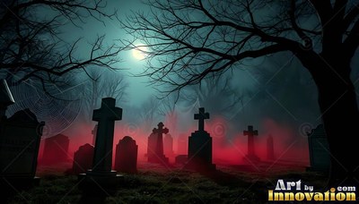 Dark cross headstones stand under bare branches in a graveyard with red fog and a bright moon