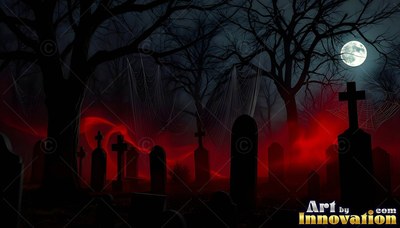 Tombstones stand in a dark cemetery as red smoke drifts under a round white moon