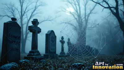 Facing headstones and a spiderweb in a graveyard under pale blue moonlight