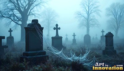 Old gravestones sit in thick blue fog with heavy spiderwebs across the grass