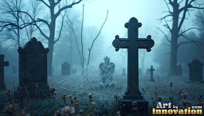In a foggy cemetery, a dark stone cross tombstone holds a large spider web