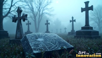 Covered in a dewy spiderweb, a flat headstone sits in a graveyard in the fog with cross markers