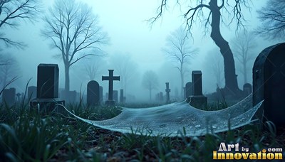 Tombstones and bare trees stand in blue graveyard fog