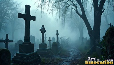 Tall stone cross headstones line a muddy path in a misty blue cemetery under bare trees