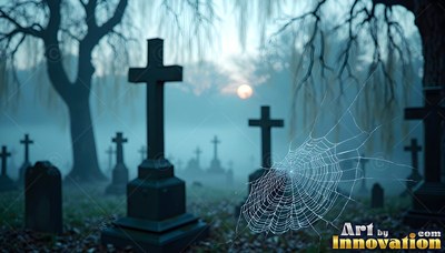 Dark headstones stand behind a spiderweb under a pale orange moon in blue fog