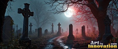 Viewed from ground level, stone crosses stand along a muddy path under a bright full moon