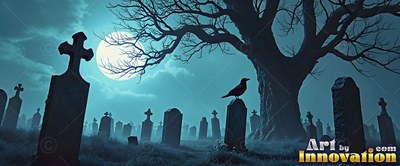 A crow rests on a dark tombstone under a bare tree and bright full moon in a graveyard