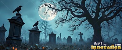 In a foggy graveyard under a moon, two black crows perch on headstones