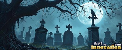 Perched on a cross tombstone, a black crow looks out over a foggy cemetery under a full moon
