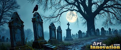 A black crow sits on a gravestone under a bright full moon in fog