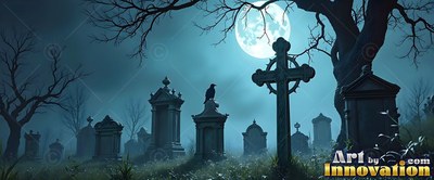 A black raven perches on a tombstone under a full moon in a foggy blue graveyard